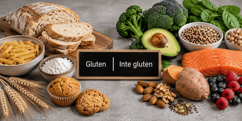 Gluten mat vs icke gluten mat på en bild.