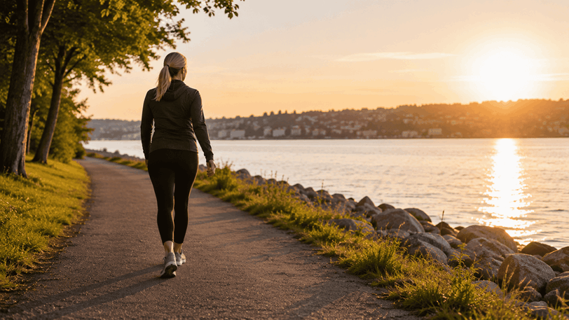 Kvinna promenerar på standpromenad.