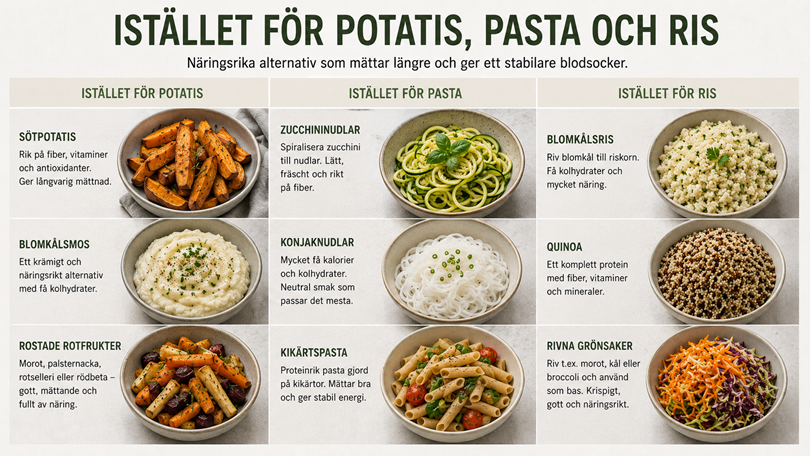 Bilder och text med alternativ för potatis, pasta och ris