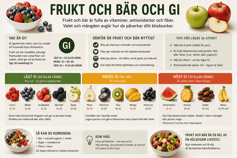 Tabell med stats för frukt, bär och deras gi.