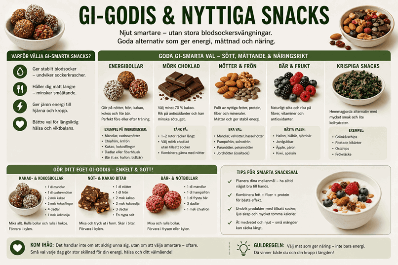 Tabell över GI-godis och nyttiga snacks.