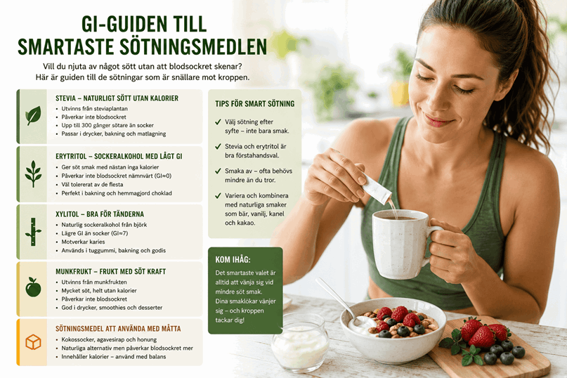 Tabell för sötningsmedel samt en kvinna som häller sötningsmedel i sin kaffe.