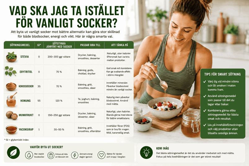 Tabell på bättre alternativ än socker och en kvinna som häller honung på sin frukostskål med yoghurt och bär.
