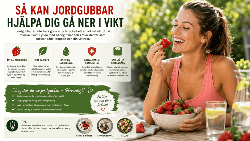 Kvinna ler och äter skål med jordgubbar.