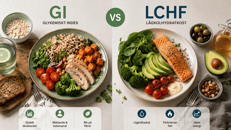 2 olika tallrikar med olika kost på. Det är GI och LCHF kost på vardera.