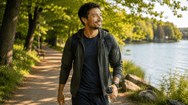 Man ute på promenad i naturen vid vattnet. Håller en vattenflaska och ler mot solen.