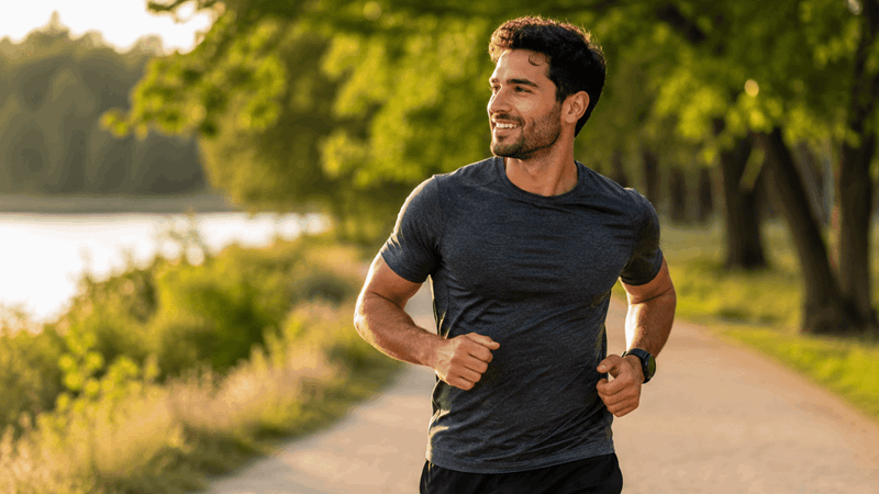 Man som joggar på en strandpromenad.
