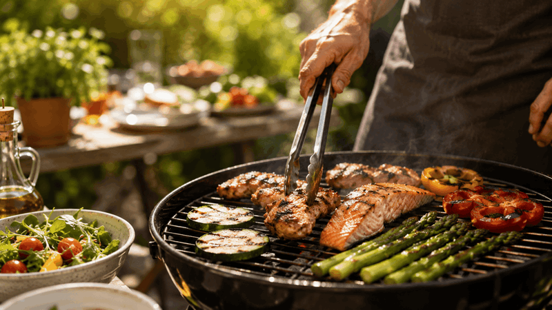 Nyttig gi-mat på en grill med en grillmaster som tillagar maten.