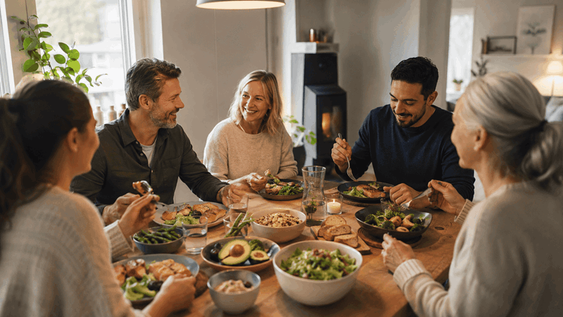 Folk äter gi-kost tillsammans.
