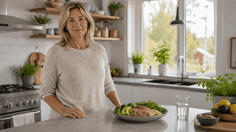 Kvinna i köket med jättenyttig mat på sin färdiga lunch.
