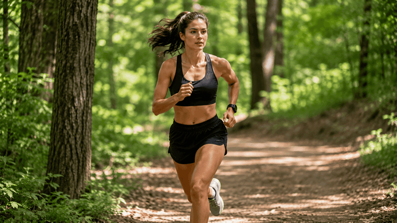 Kvinna ute och joggar i naturen.