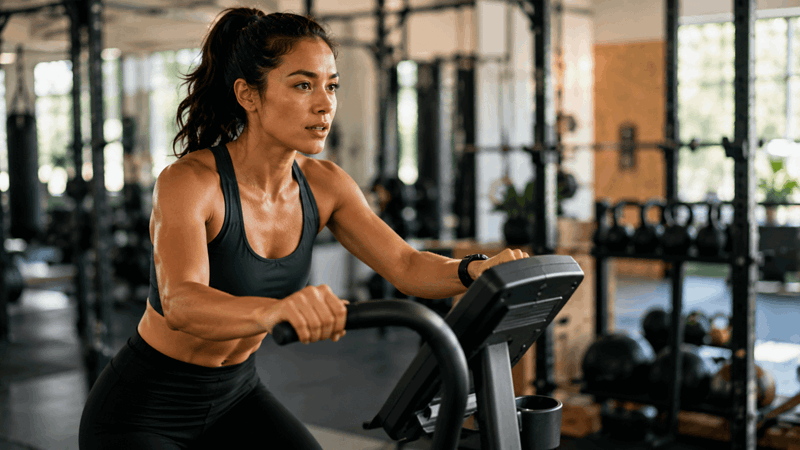 Kvinna på gymmet motionerar.