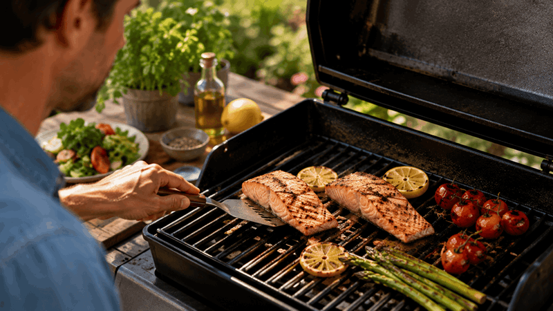 Man grillar lax och grönsaker på grillen.