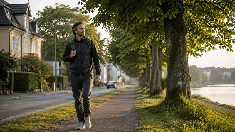Man som är ute på morgonpromenad.