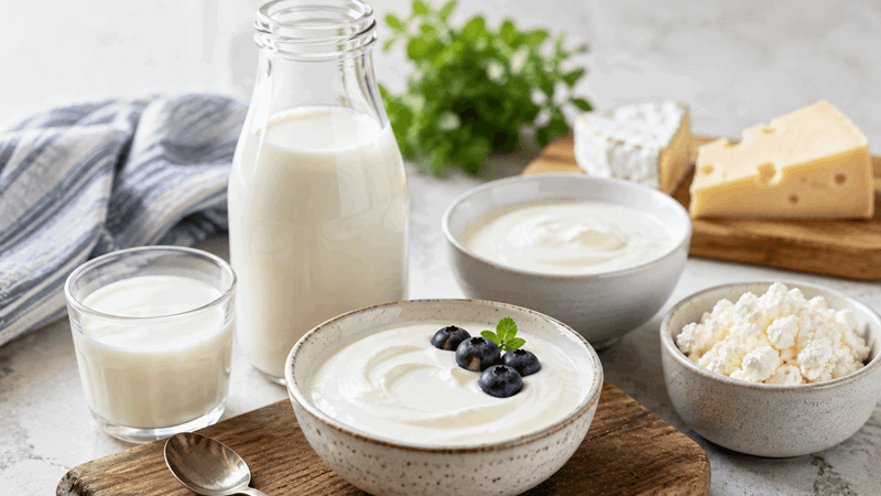 Olika mejeriprodukter som glas mjölk, skål med yoghurt, skål med keso och lite ost på en bricka.