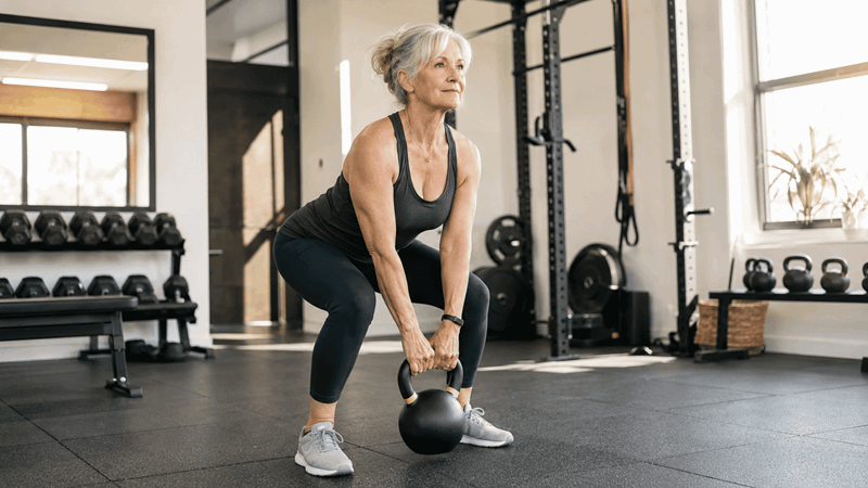 Äldre kvinna på gymmet utför styrkelyft.