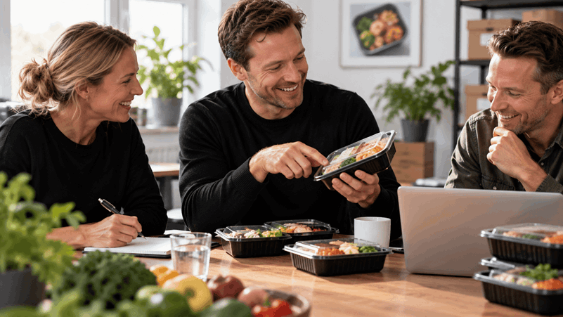 3 personer som kollar över matlådor.