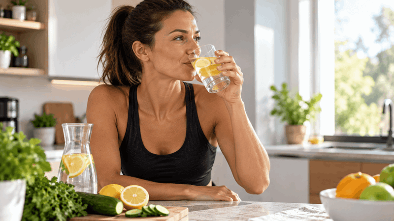 Kvinna i sitt kök dricker ett glas vatten med citron i.